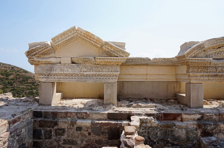 Façade of the Scene building of the ancient theater of Milos Island in Greece