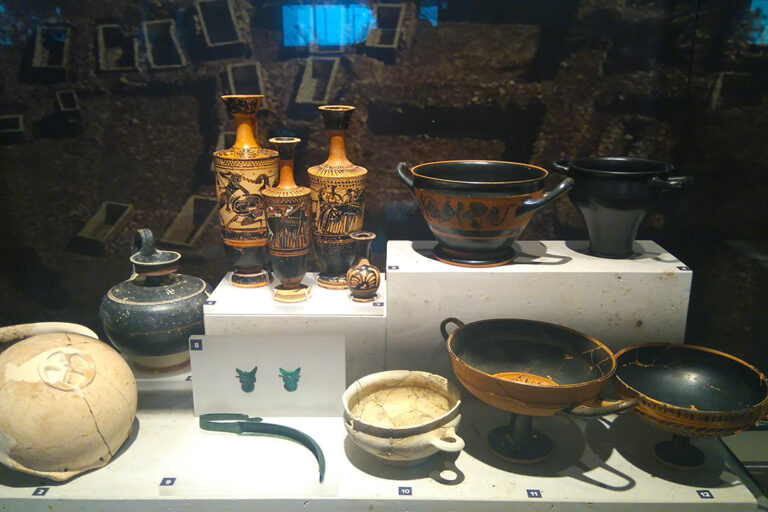 Pots and more archaeological findings from the cemetery of Tenea, exhibits at the Archaeological Museum of Corinth.