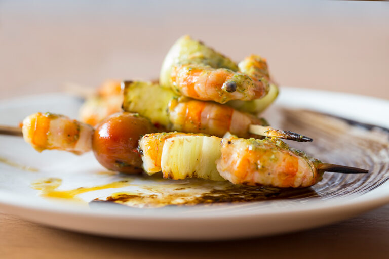 Shrimp skewer on a dish at the Fish Market restaurant in Athens