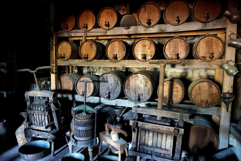 Wooden barrels at the Museum of the Great Meteoron Monastery in Thessaly, Greece