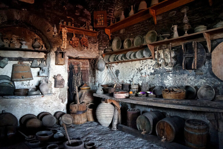 Old kitchen display at the Great Meteoron Monastery in Thessaly, Greece