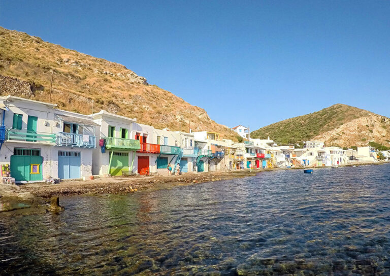 View of colourful houses at Klima Village in Milos island, Greece