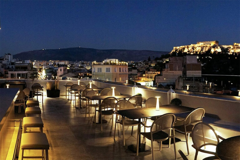 Rooftop View of Mira Me restaurant in Athens with the Acropolis in the background