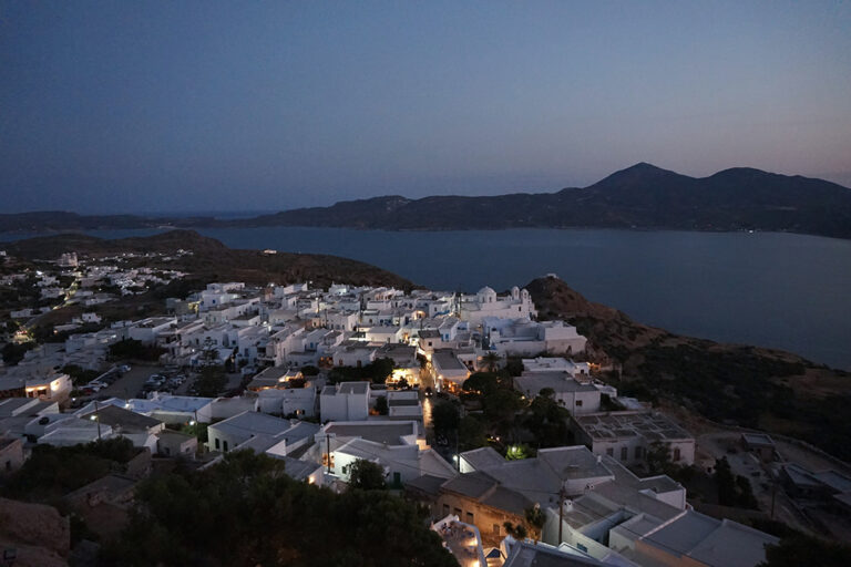 View of Plaka at night from the Castle in Milos Island, Greece